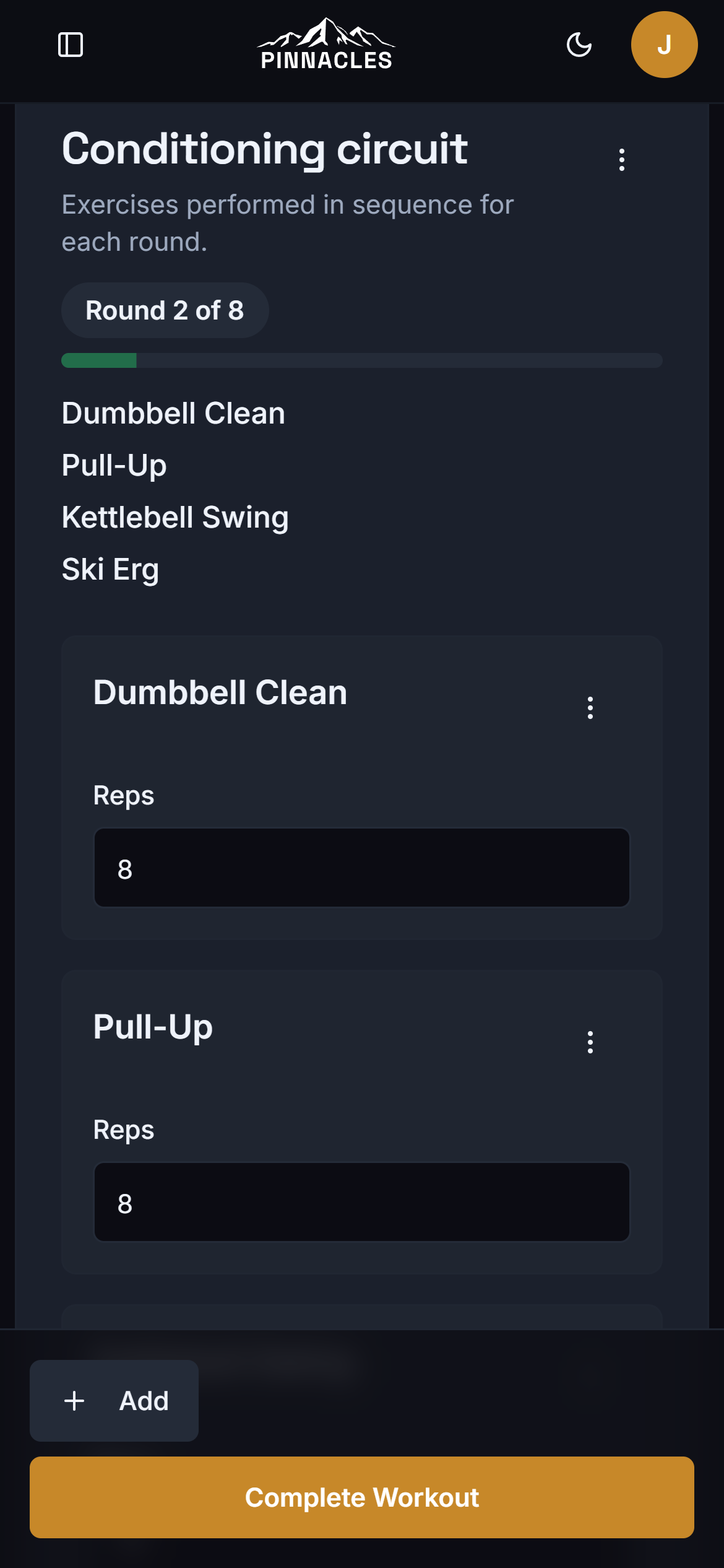 Pinnacles session page showing a conditioning circuit.