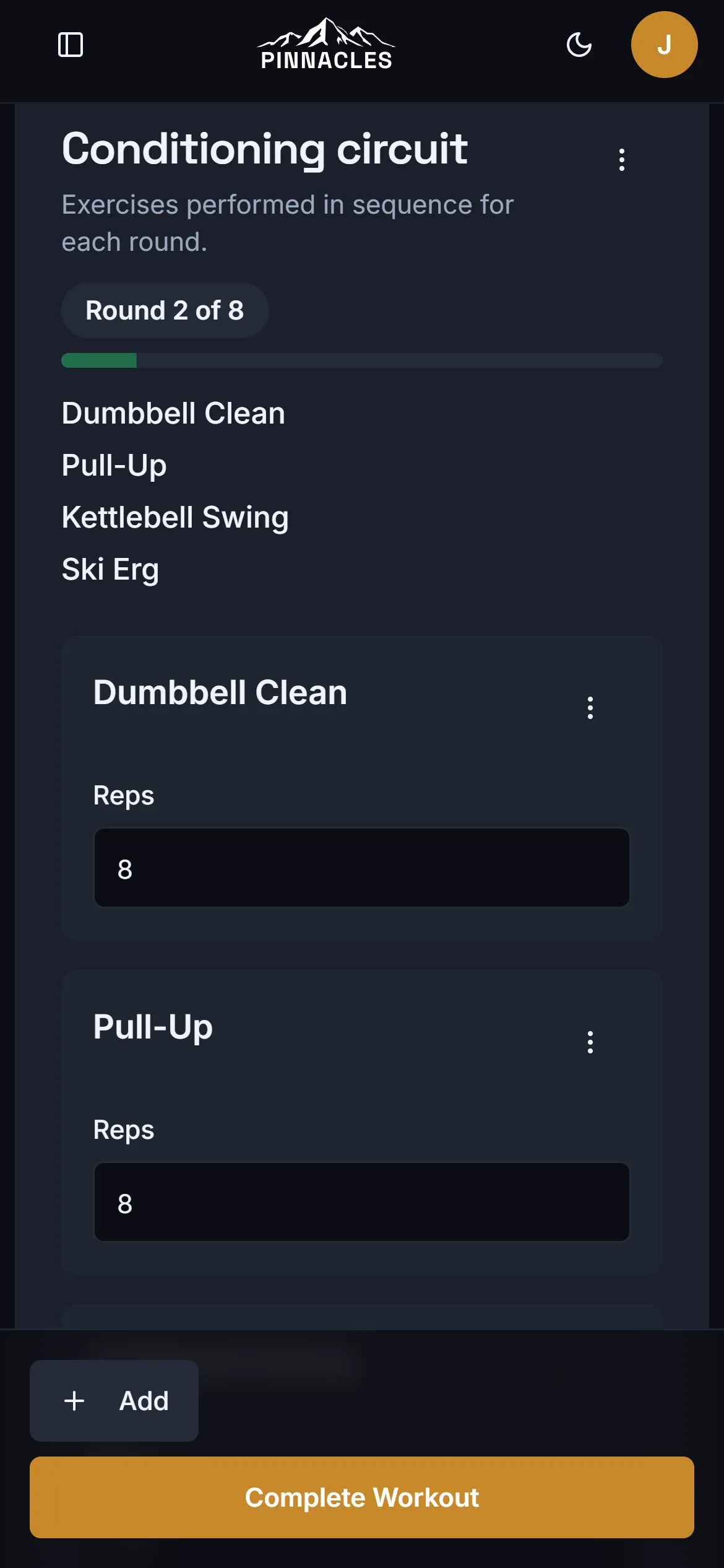 Pinnacles session page showing a conditioning circuit.