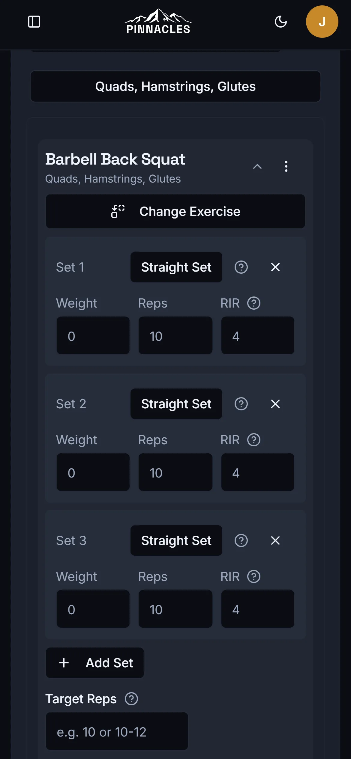 Pinnacles program builder showing inputs